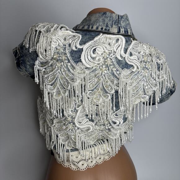 YMI Beaded Pearl Painted Denim Jacket Coquette Western Glam Festival Size S USA - Picture 3 of 13